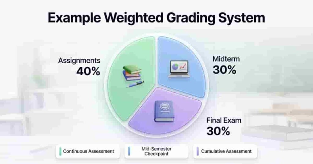 Infographic showing how weighted grading works with assignments, midterm, and final exam contributing different percentages.