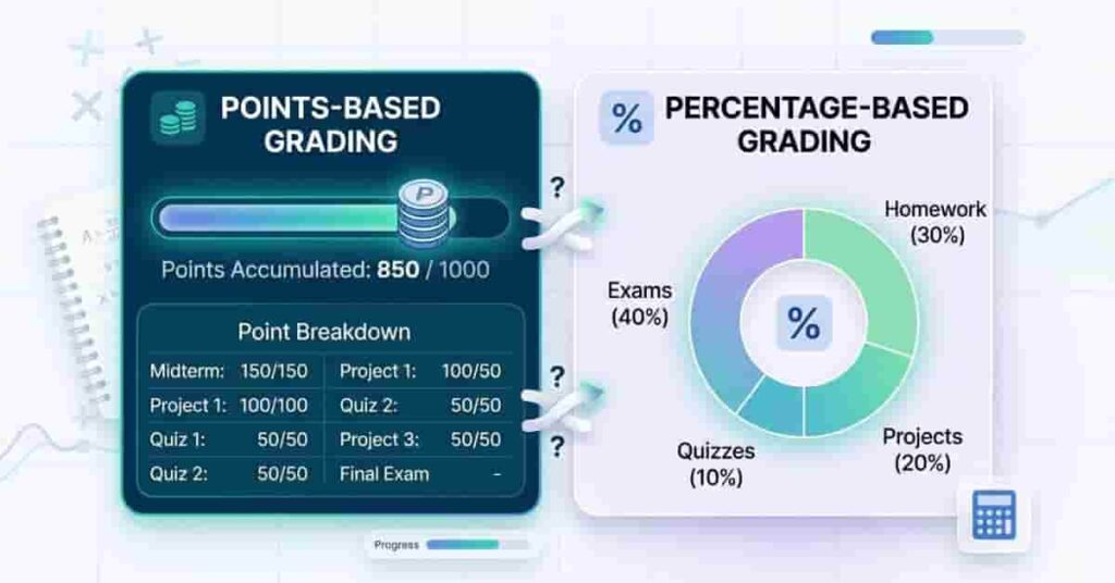 Side-by-side comparison of points-based grading and percentage-based grading systems for academic evaluation