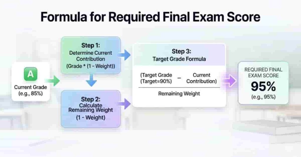 Step-by-step diagram explaining required final exam score formula using weighted grading system.