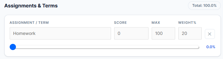 Semester grade calculator showing assignment and term score input fields with weight percentage distribution for weighted grading system