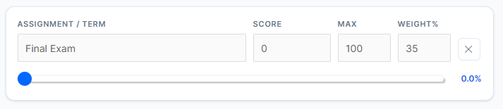 Final exam score input in semester grade calculator showing high weight contribution affecting final semester result calculation