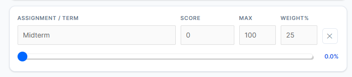 Midterm exam score input section in semester grade calculator with weighted percentage contribution for final grade calculation