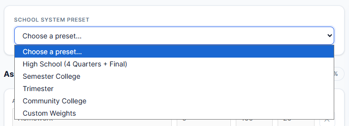 Semester grade calculator interface showing school system preset options like high school, semester college, and custom grading system selection