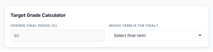 Target grade calculator in semester grading system showing desired final grade input and required score prediction feature