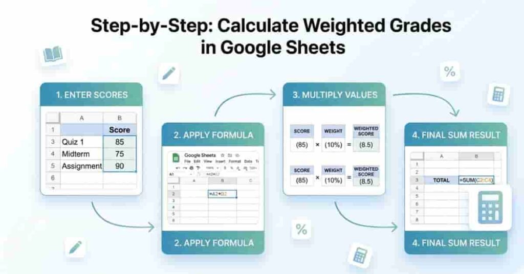 Step-by-step workflow showing how to calculate weighted grades in Google Sheets using formulas