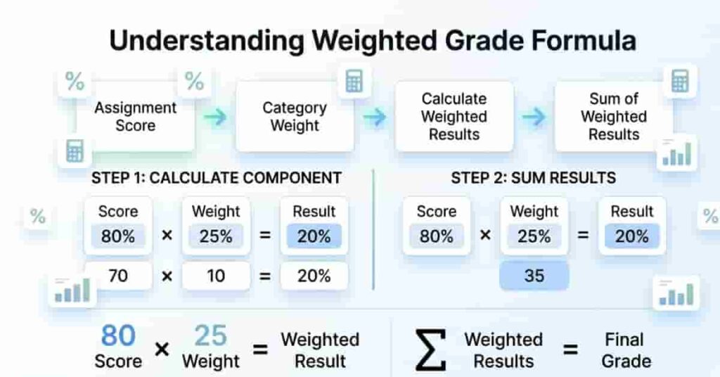 Visual breakdown of weighted grade formula showing score, weight, and final calculation steps