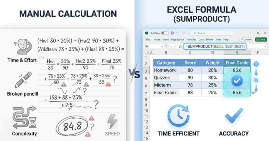 Comparison of manual calculation versus Excel weighted average formula efficiency
