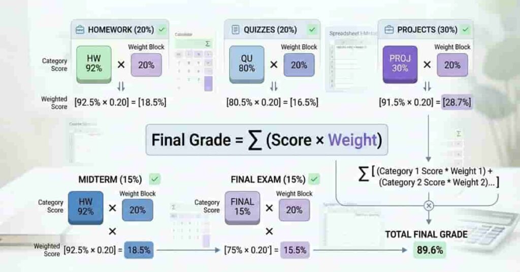 Weighted final grade formula visualization with score multiplied by weight