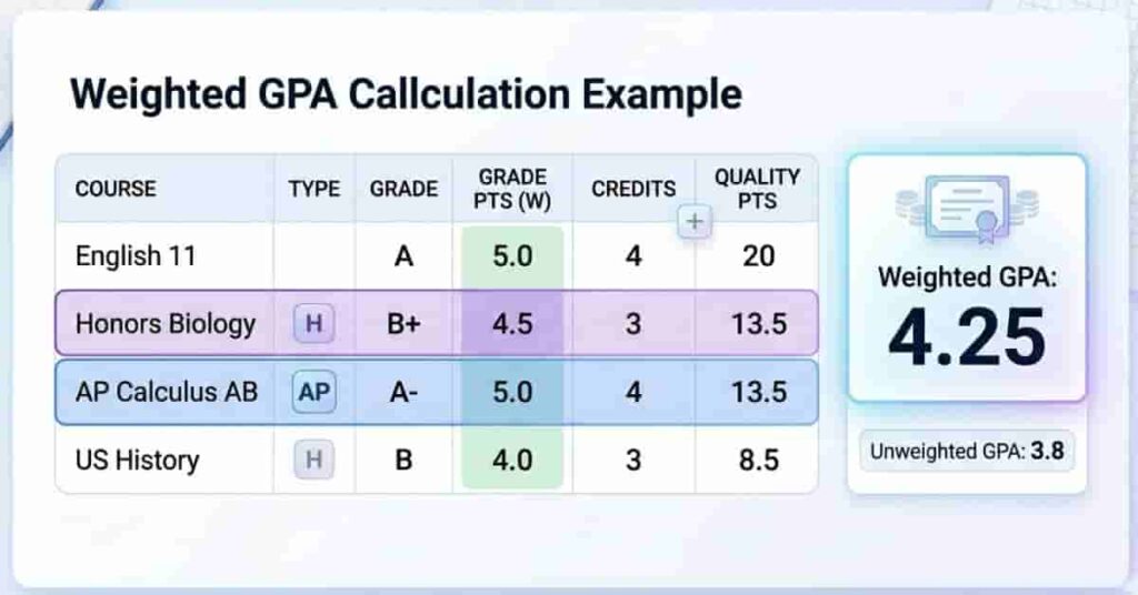 Example table showing weighted GPA calculation with courses, grades, and credits