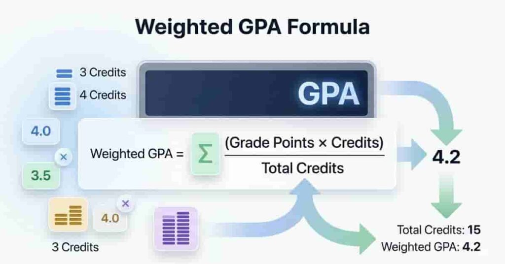 Weighted GPA formula diagram with grade points and credit multiplication explanation