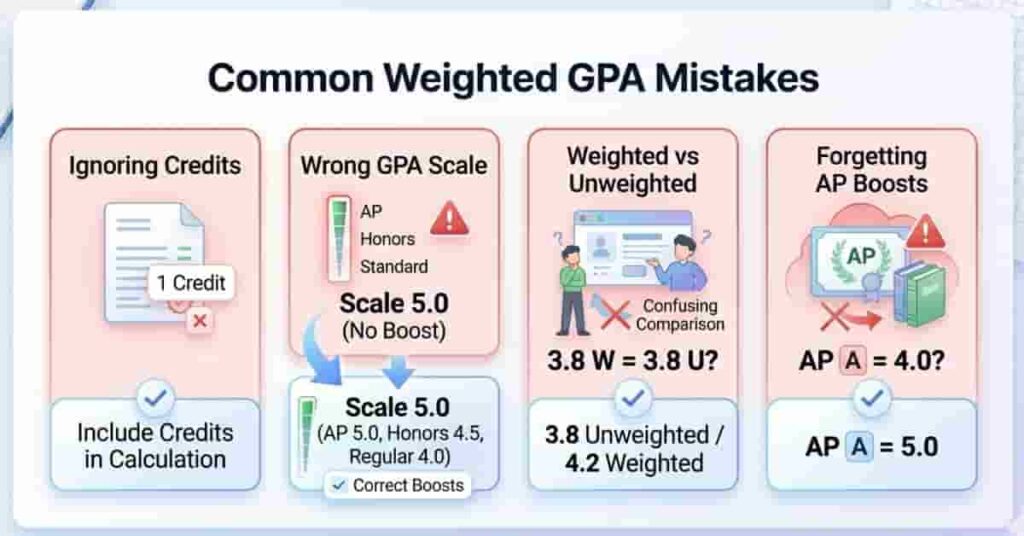 Infographic showing common mistakes in weighted GPA calculation and how to avoid them