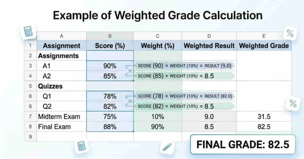 Example table showing weighted grade calculation with assignments, midterm, and final exam breakdown