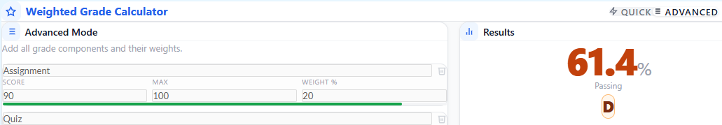 Weighted grade calculator advanced mode interface showing multiple components for grade calculation