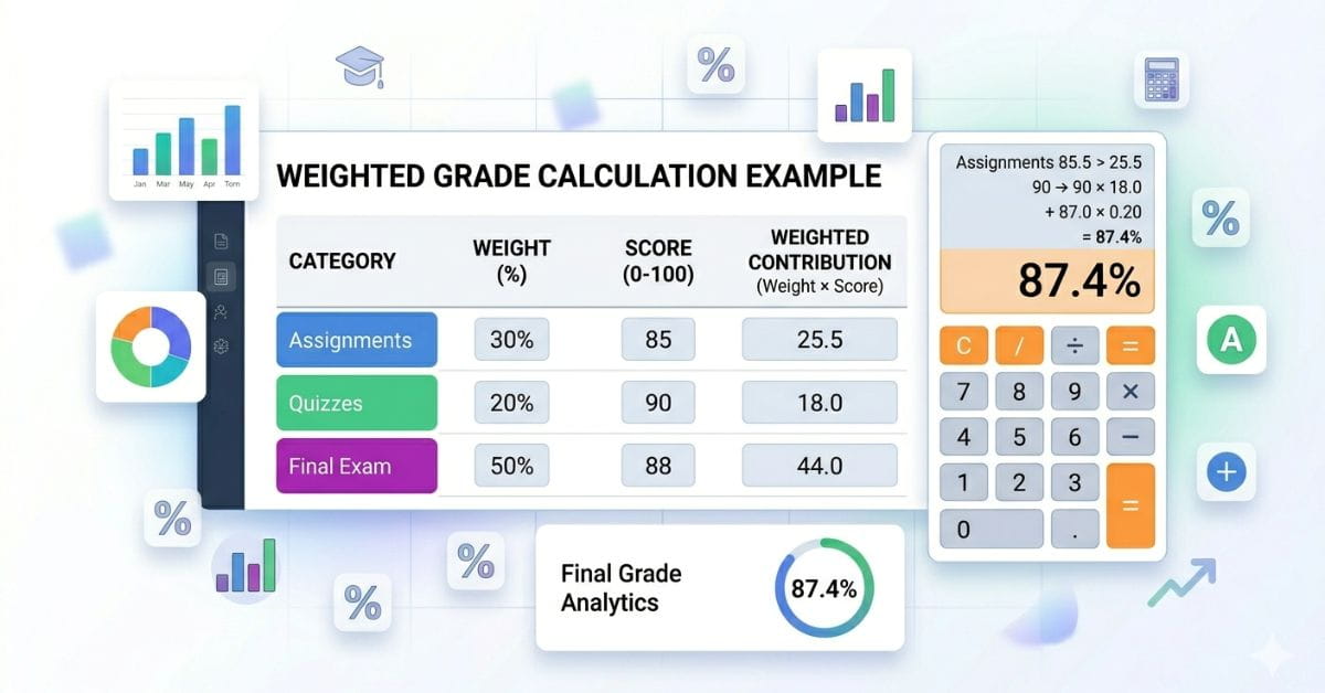 weighted grade example calculation with assignments quizzes final exam and overall percentage