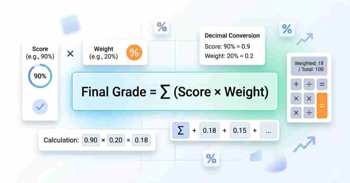 weighted grade formula graphic showing score multiplied by assignment weight calculation