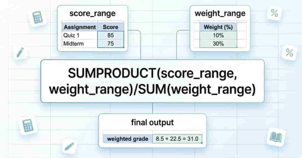 Weighted grade formula in Google Sheets using SUMPRODUCT shown in a clean UI diagram