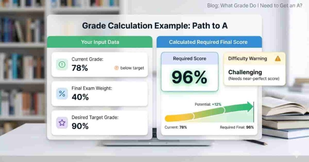 Example of weighted grade calculation showing current grade, final weight, and required final exam score to achieve an A.