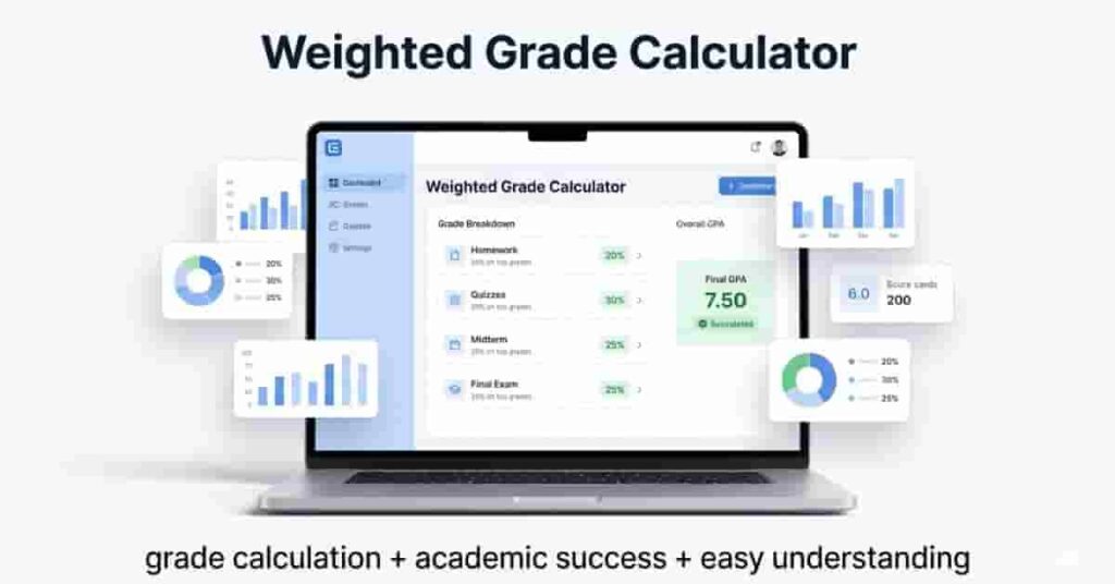 Student using weighted grade calculator on laptop showing GPA and grade breakdown with charts and score analysis