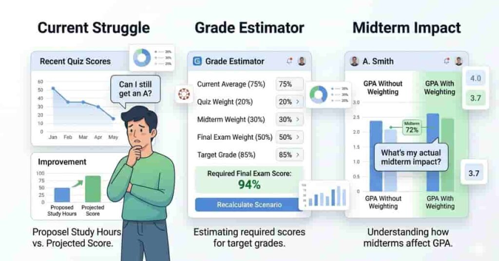 Three real student scenarios showing weighted grade problems and solutions