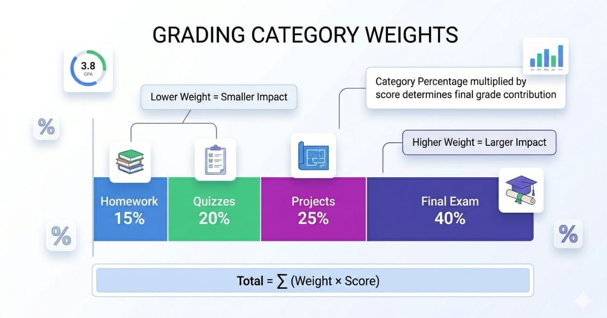weighted percentages chart showing assignment categories and grading importance