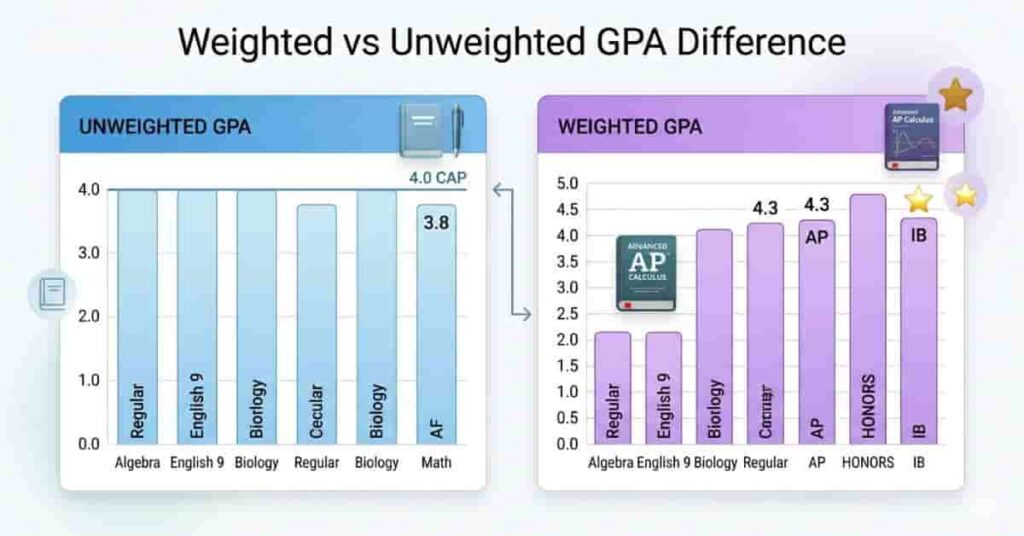 Visual comparison of weighted and unweighted GPA showing differences in scale and course difficulty impact