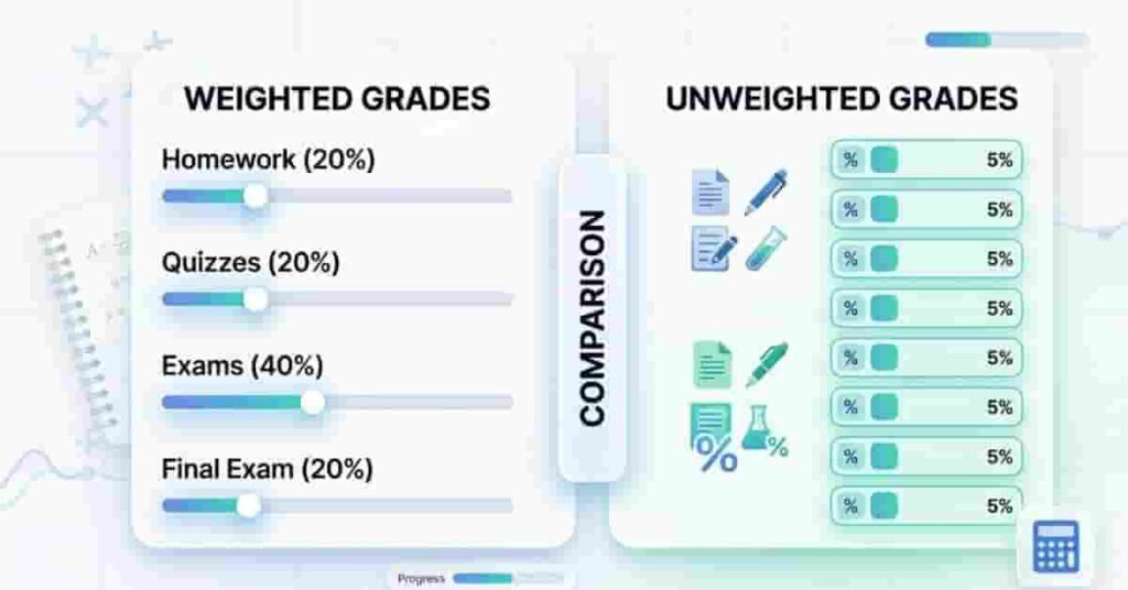 Comparison chart showing weighted vs unweighted grading systems with assignment categories and equal contribution structure