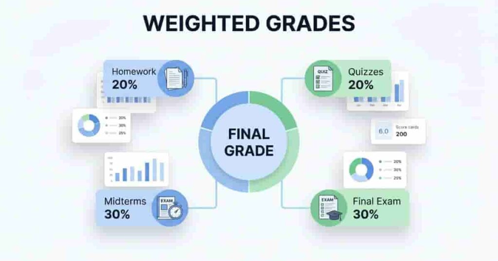 Infographic showing weighted grades breakdown with homework, quizzes, midterm, and final exam percentages