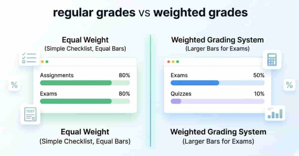 Comparison of regular grades and weighted grades using a clean infographic showing different score importance