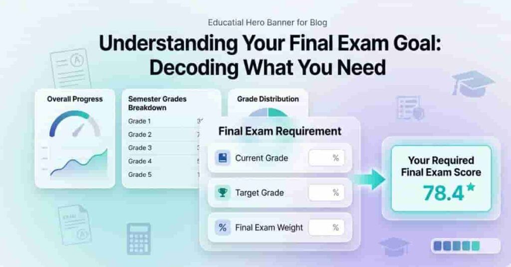 Educational dashboard explaining required final exam score using current grade, target grade, and exam weight visualization