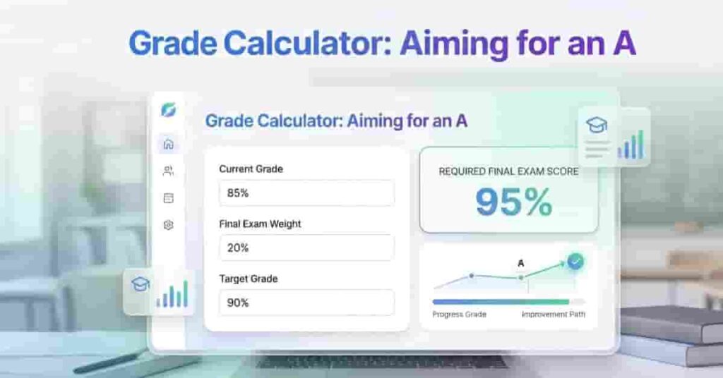 Student grade calculator interface showing what grade is needed to get an A using weighted grading system inputs and outputs.