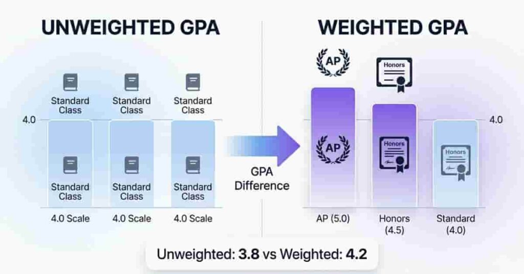 Weighted GPA infographic showing AP, Honors, and regular weighting system