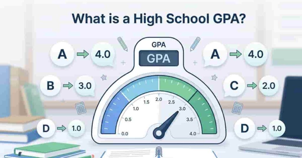 Infographic explaining what a high school GPA is using letter grades and a 4.0 scale conversion system