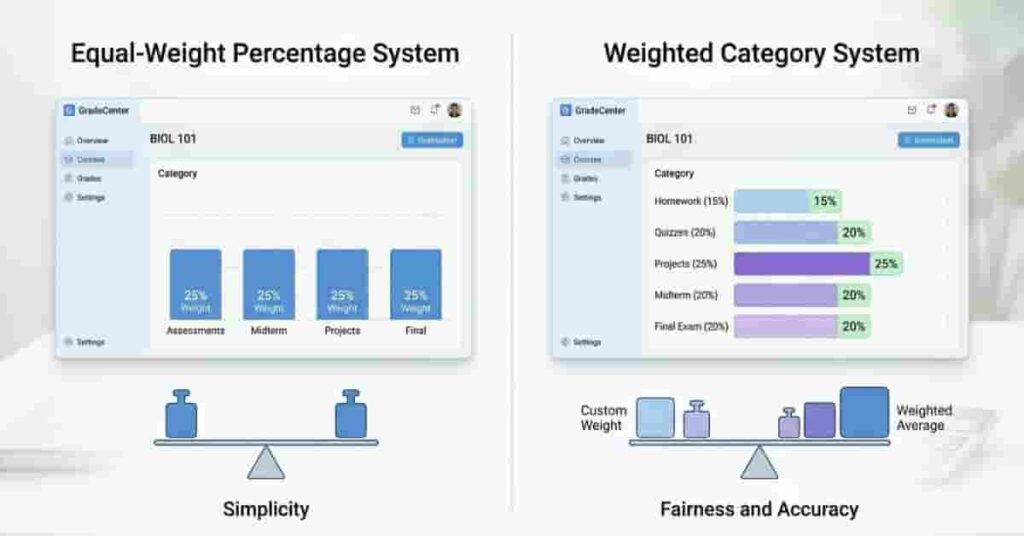 Weighted grade system showing different assignment weights in academic scoring model