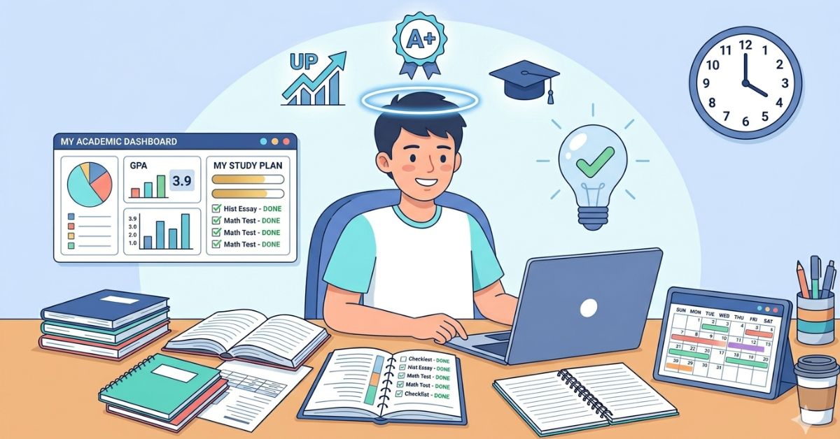 Student using GPA tracking tools, study planners, and academic improvement resources