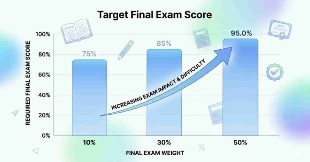 Bar chart showing how different final exam weights affect required score for course grade