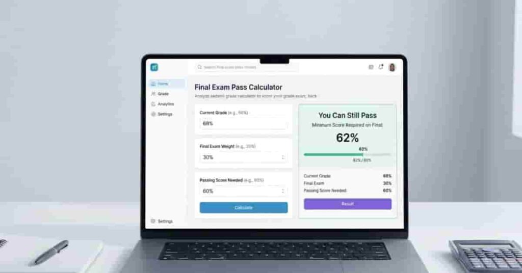 Student using final exam pass calculator on laptop showing grade analysis and minimum score needed to pass