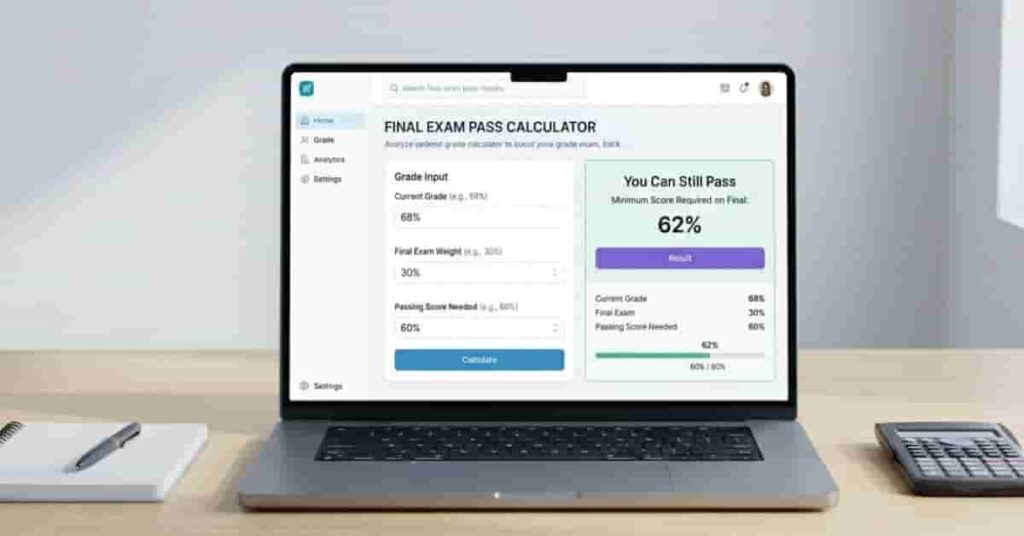 Student using final exam pass calculator dashboard to check pass or fail chances