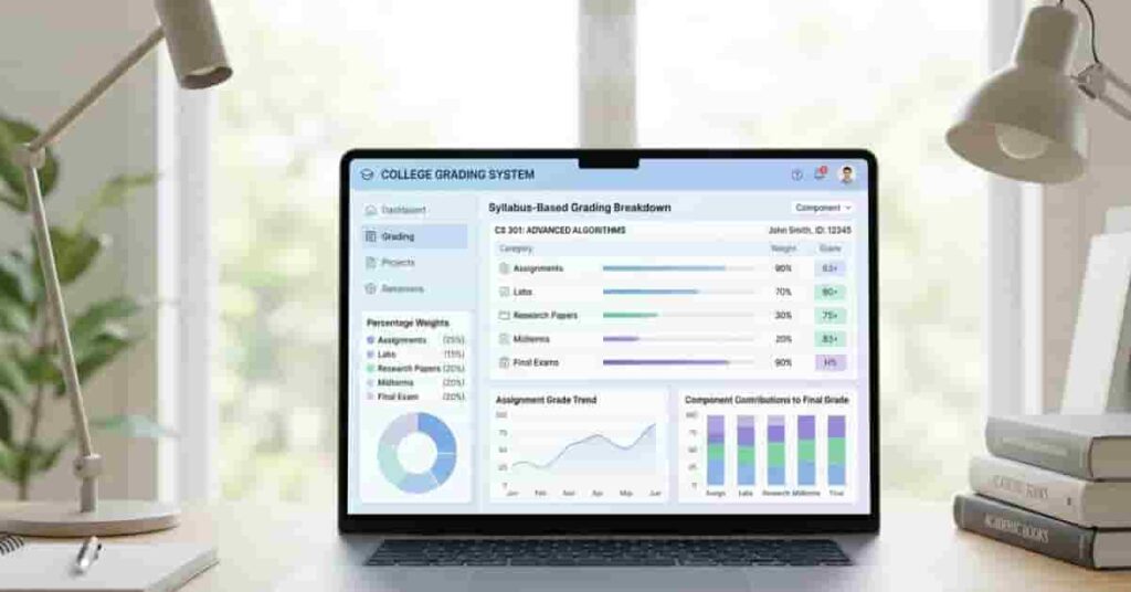 College grading system dashboard showing syllabus-based final grade calculation with weighted components.