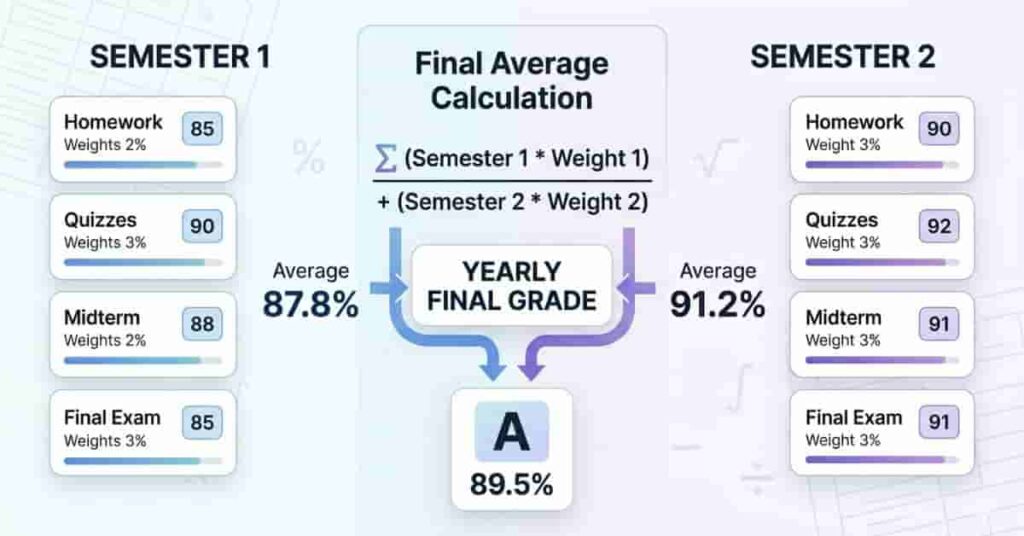 Comparison visual showing how to calculate final grade from two semester grades