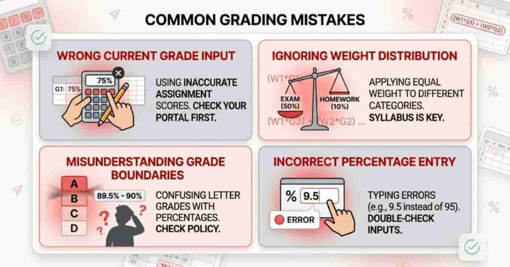 Infographic showing common mistakes students make when calculating final exam scores and grade estimates