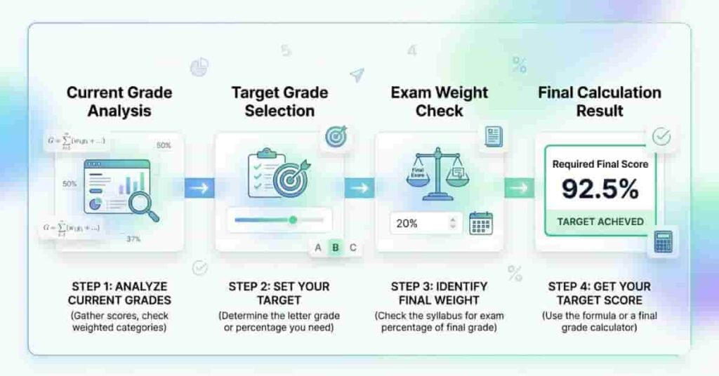 Step-by-step infographic showing how to calculate target final exam score using current grade, desired grade, and exam weight