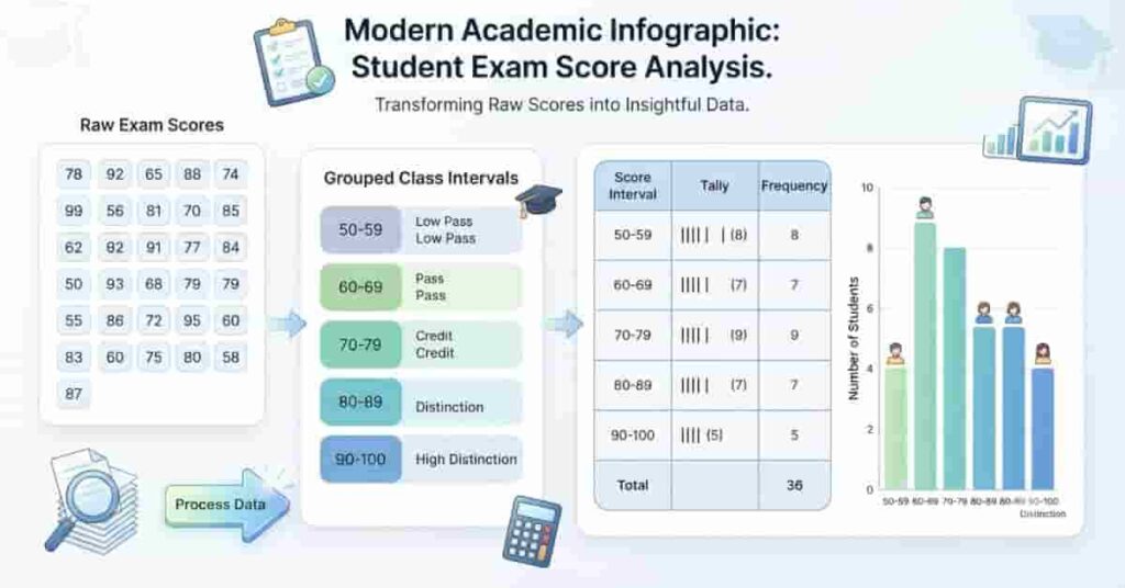 Frequency distribution example analyzing student exam scores with a table and bar chart.