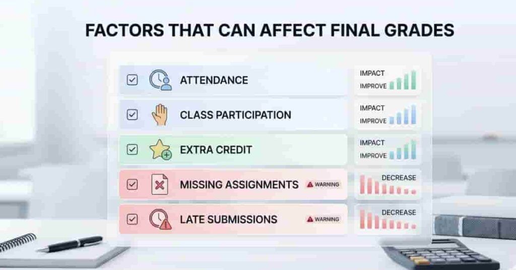 Checklist infographic showing factors that can affect final grades such as attendance, participation, and late submissions.