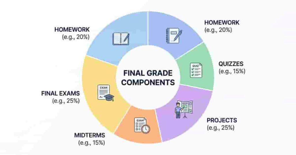 Pie chart showing components of final grade including homework, quizzes, projects, midterms, and final exams.