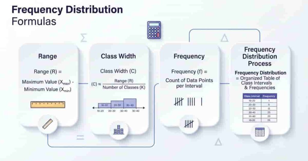 Frequency distribution formula infographic showing range, width, and frequency calculations.