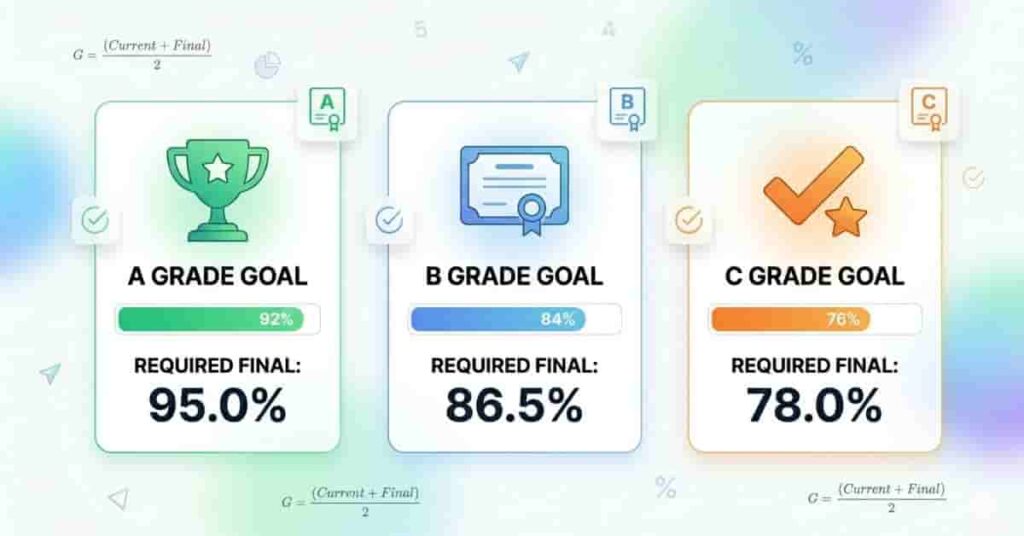 Comparison infographic showing required final exam scores for achieving A, B, and C grades