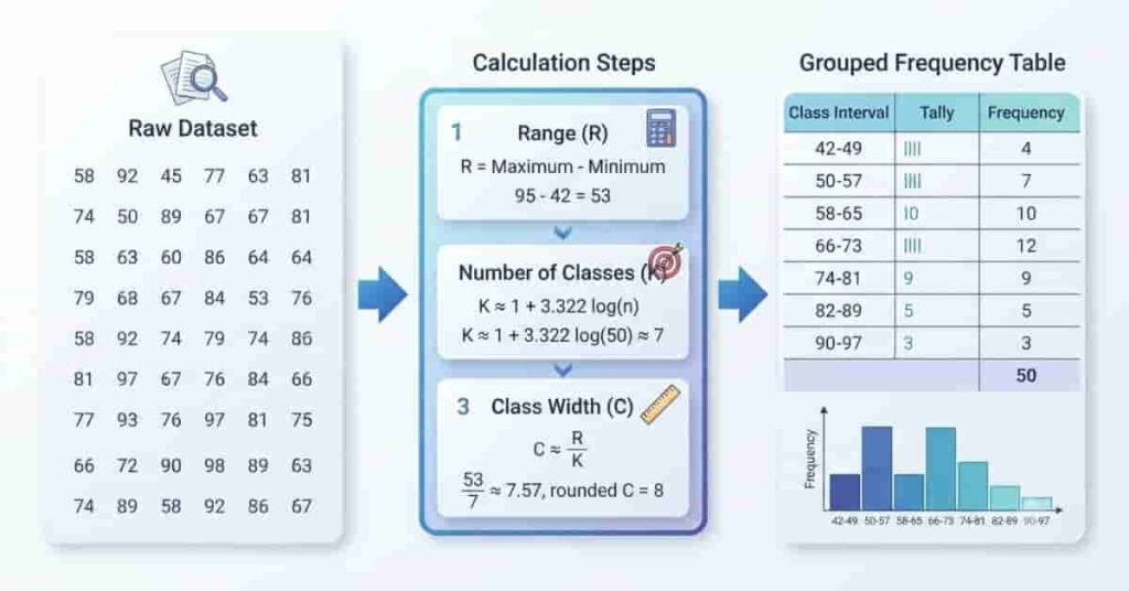 Grouped frequency distribution example with intervals, calculations, and histogram.
