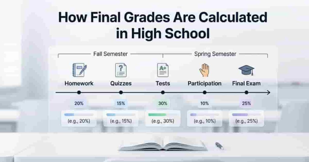 Visual breakdown of how high school final grades are calculated using assignments, tests, and exams.