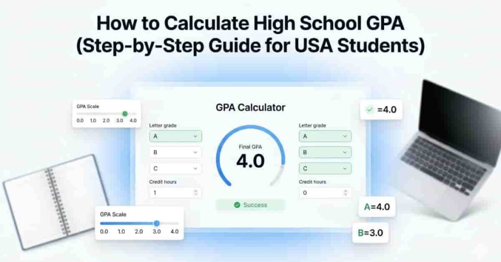 High school GPA calculator dashboard showing 4.0 scale system with grade inputs and step-by-step calculation interface for students