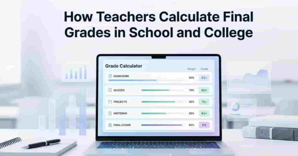Infographic showing step-by-step process teachers use to calculate final grades using assignments, averages, and weighted scores.